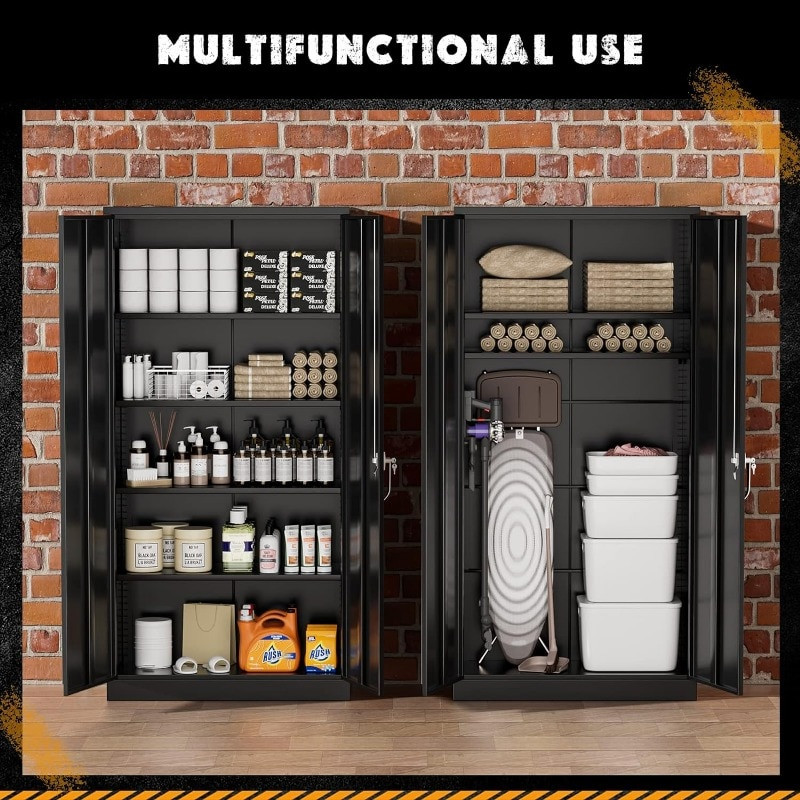 Multifunctional use with two cabinets showing stored items including towels, baskets, tools